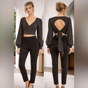 Black Two Piece Set XS Puff Sleeve Crop Top & Slim Pants